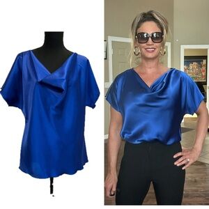 Nicole Miller Royal cobalt blue satin short sleeve draped cowl neck blouse Sz M